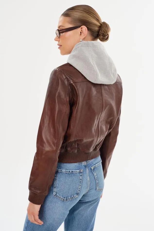 Women CANDACE Leather Bomber Jacket Chocolate Brownheather Grey LAMARQUE Leather Jackets