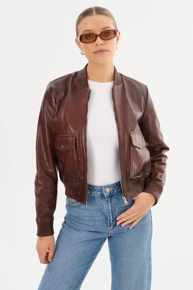 Women CANDACE Leather Bomber Jacket Chocolate Brownheather Grey LAMARQUE Leather Jackets