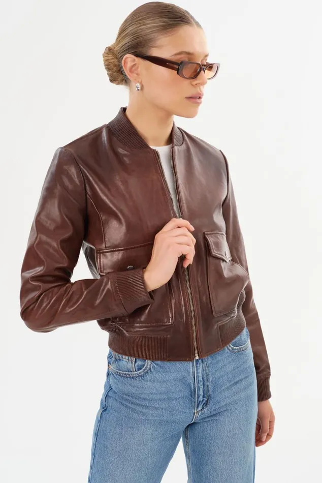 Women CANDACE Leather Bomber Jacket Chocolate Brownheather Grey LAMARQUE Leather Jackets