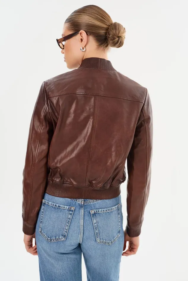 Women CANDACE Leather Bomber Jacket Chocolate Brownheather Grey LAMARQUE Leather Jackets