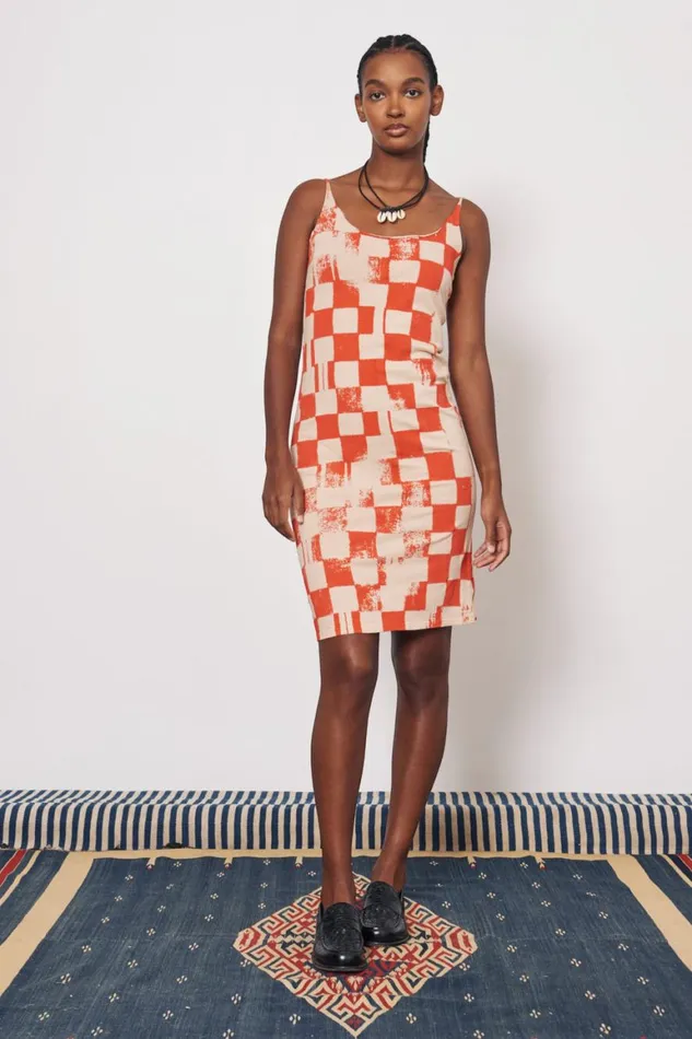 Women Check Camel And Tomato Dakar Tank Dress Raquel Allegra Dresses