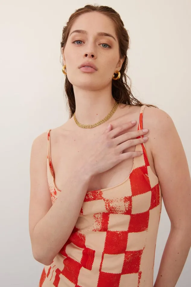 Women Check Camel And Tomato Dakar Tank Dress Raquel Allegra Dresses