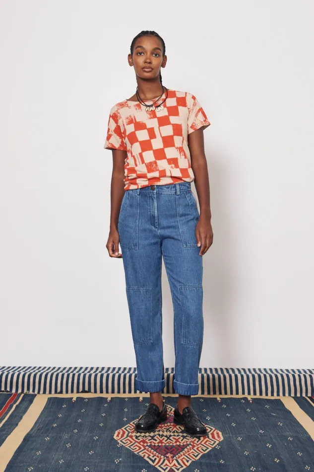 Women Check Camel And Tomato Kibo Tee Raquel Allegra Tops