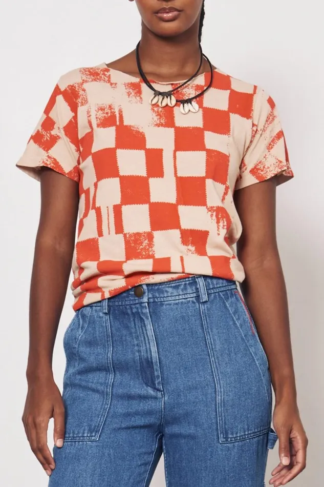 Women Check Camel And Tomato Kibo Tee Raquel Allegra Tops