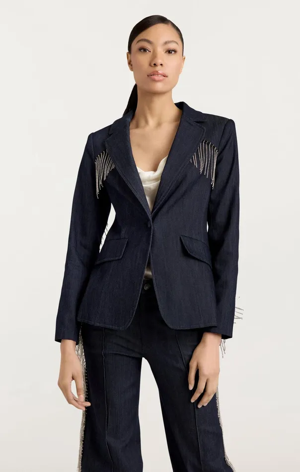 Women Cinq Sept Denim Rhinestone Sasha Blazer Indigo