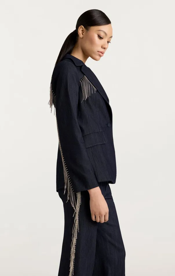 Women Cinq Sept Denim Rhinestone Sasha Blazer Indigo
