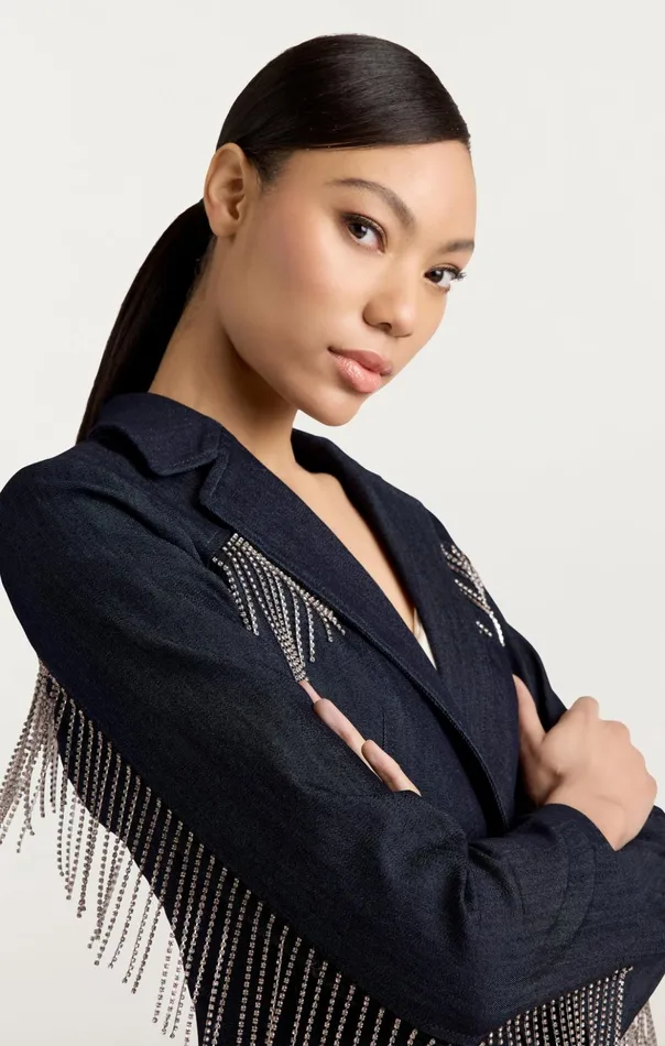 Women Cinq Sept Denim Rhinestone Sasha Blazer Indigo
