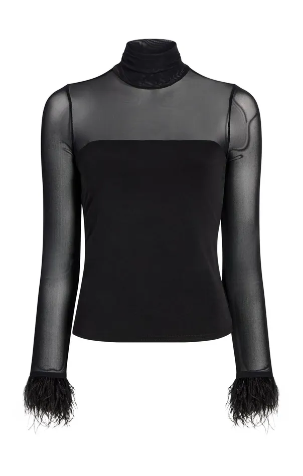 Women Cinq Sept Long Sleeve Tops Feather Trim Shantel Top Black