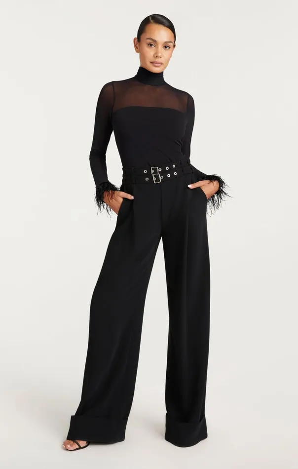 Women Cinq Sept Long Sleeve Tops Feather Trim Shantel Top Black
