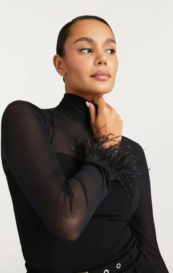 Women Cinq Sept Long Sleeve Tops Feather Trim Shantel Top Black