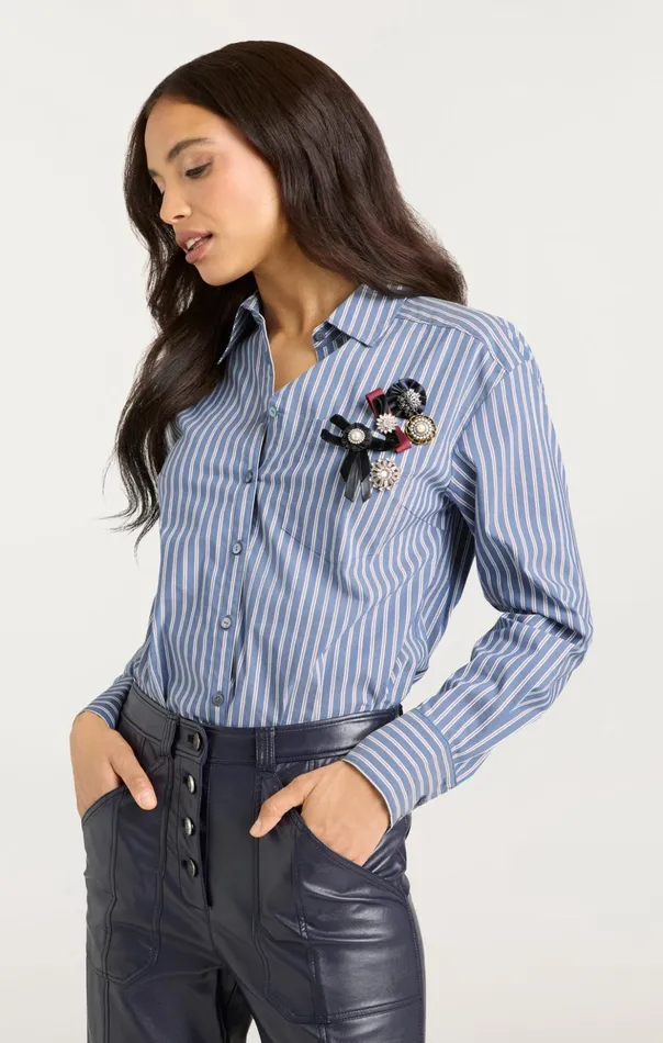 Women Cinq Sept Long Sleeve Tops Wren Shirt Sabrina Stripe Astro Blue Multi