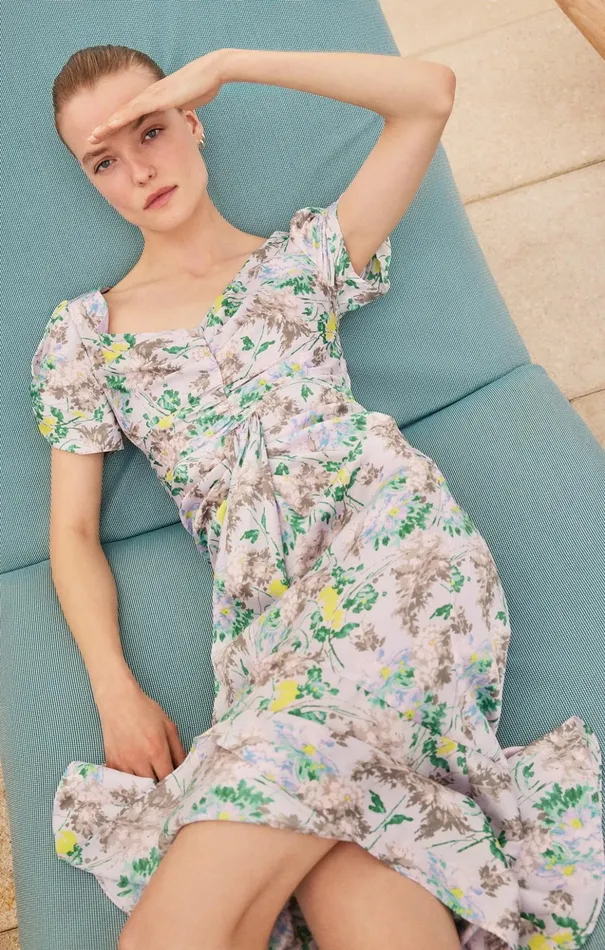Women Cinq Sept Midi Light Washed Floral Walker Dress Pastel Multi