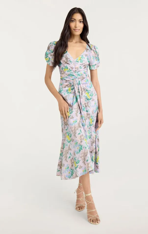 Women Cinq Sept Midi Light Washed Floral Walker Dress Pastel Multi