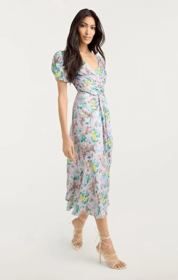 Women Cinq Sept Midi Light Washed Floral Walker Dress Pastel Multi
