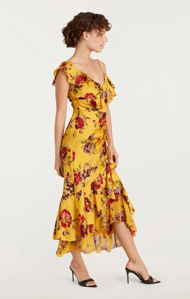 Women Cinq Sept Midi Nara Dress Deep Gold Multi