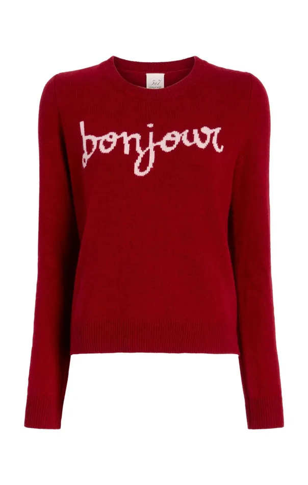Women Cinq Sept Sweaters and Knits Bonjour Graphic Crewneck Sweater Rosewoodivory Women Cinq Sept Sweaters and Knits Bonjour Graphic Crewneck Sweater Rosewoodivory