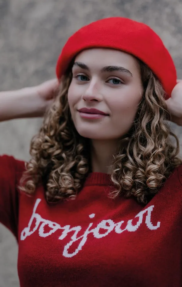 Women Cinq Sept Sweaters and Knits Bonjour Graphic Crewneck Sweater Rosewoodivory
