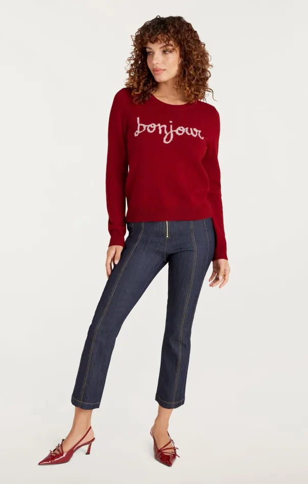 Women Cinq Sept Sweaters and Knits Bonjour Graphic Crewneck Sweater Rosewoodivory