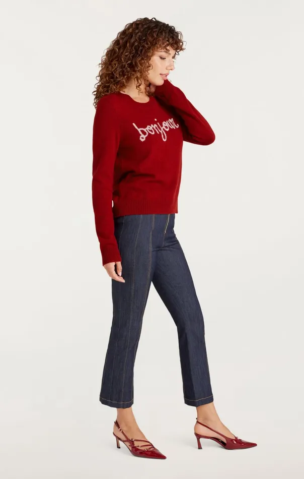 Women Cinq Sept Sweaters and Knits Bonjour Graphic Crewneck Sweater Rosewoodivory