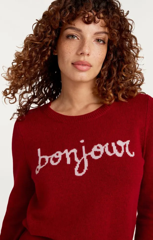 Women Cinq Sept Sweaters and Knits Bonjour Graphic Crewneck Sweater Rosewoodivory