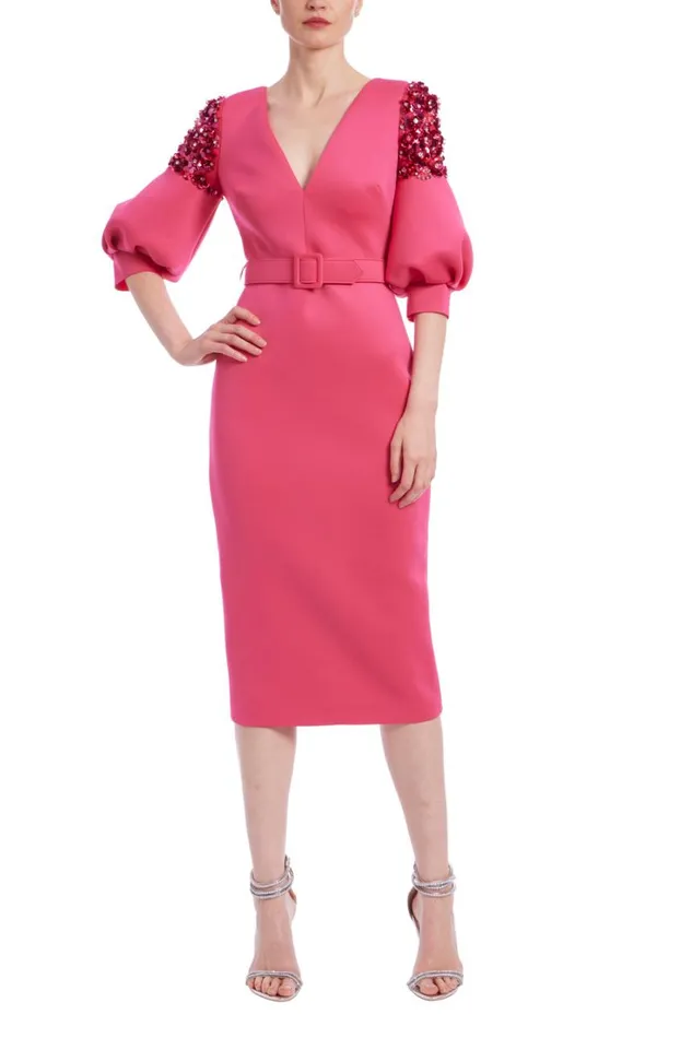 Women Cocktail Badgley Mischka Elbow Sleeve Belted Sheath Dress Rose