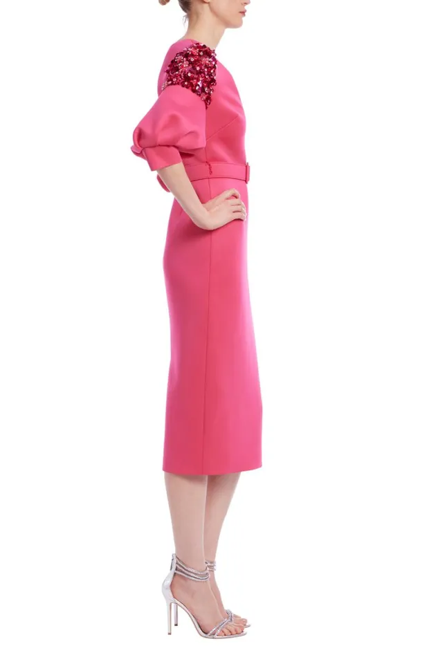 Women Cocktail Badgley Mischka Elbow Sleeve Belted Sheath Dress Rose