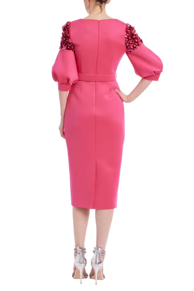 Women Cocktail Badgley Mischka Elbow Sleeve Belted Sheath Dress Rose