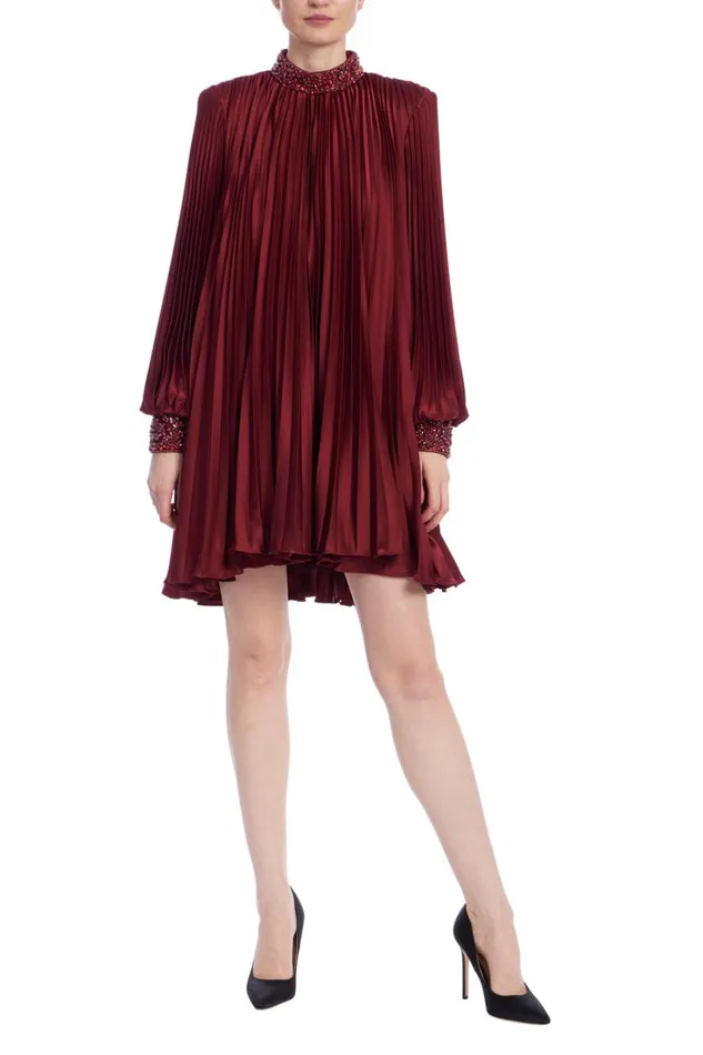 Women Cocktail Badgley Mischka Long Sleeve Pleated Shift Dress Wine