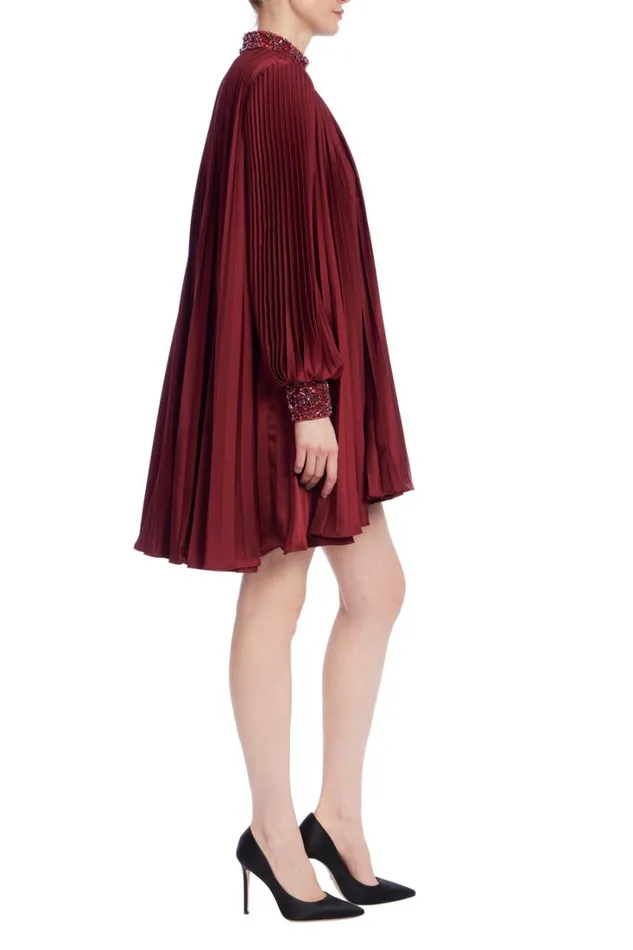 Women Cocktail Badgley Mischka Long Sleeve Pleated Shift Dress Wine