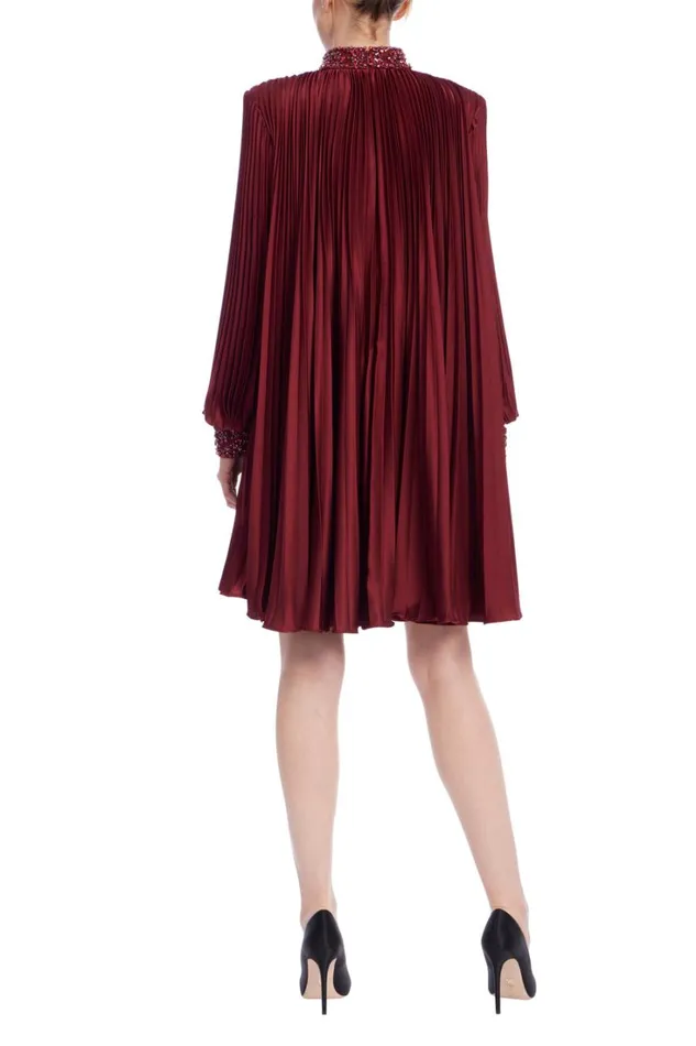 Women Cocktail Badgley Mischka Long Sleeve Pleated Shift Dress Wine