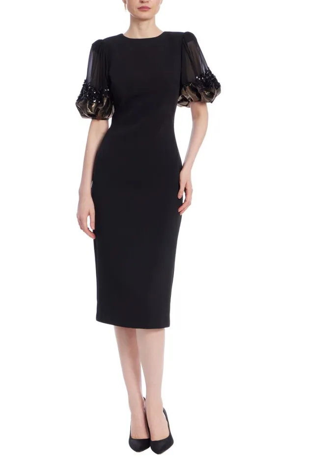 Women Cocktail Badgley Mischka Short Sleeve Midi Sheath Dress Black Gold