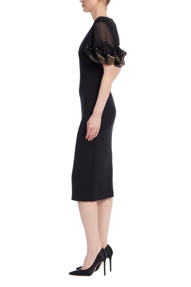 Women Cocktail Badgley Mischka Short Sleeve Midi Sheath Dress Black Gold