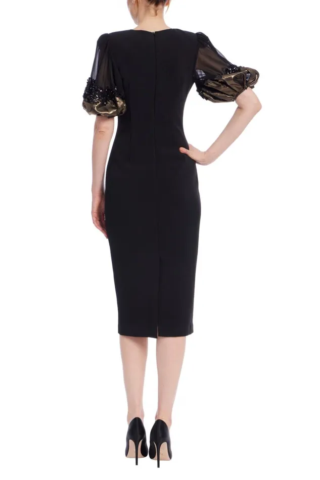 Women Cocktail Badgley Mischka Short Sleeve Midi Sheath Dress Black Gold