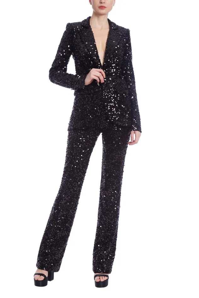 Women Cocktail Badgley Mischka Velvet And Sequin Straight Leg Pant Black