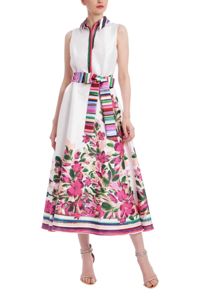 Women Day Badgley Mischka Belted ALine Shirt Dress Ivory Multi