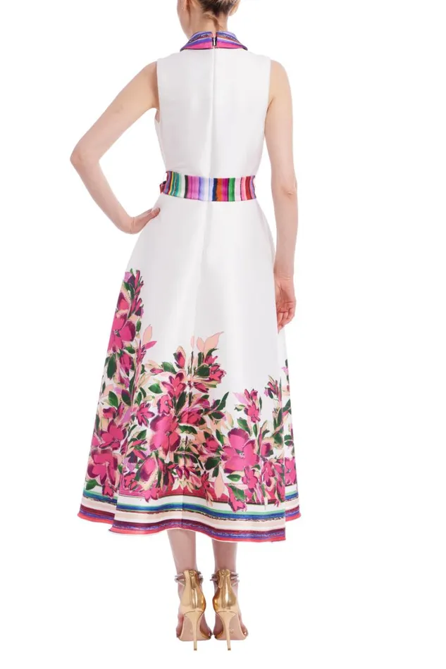 Women Day Badgley Mischka Belted ALine Shirt Dress Ivory Multi