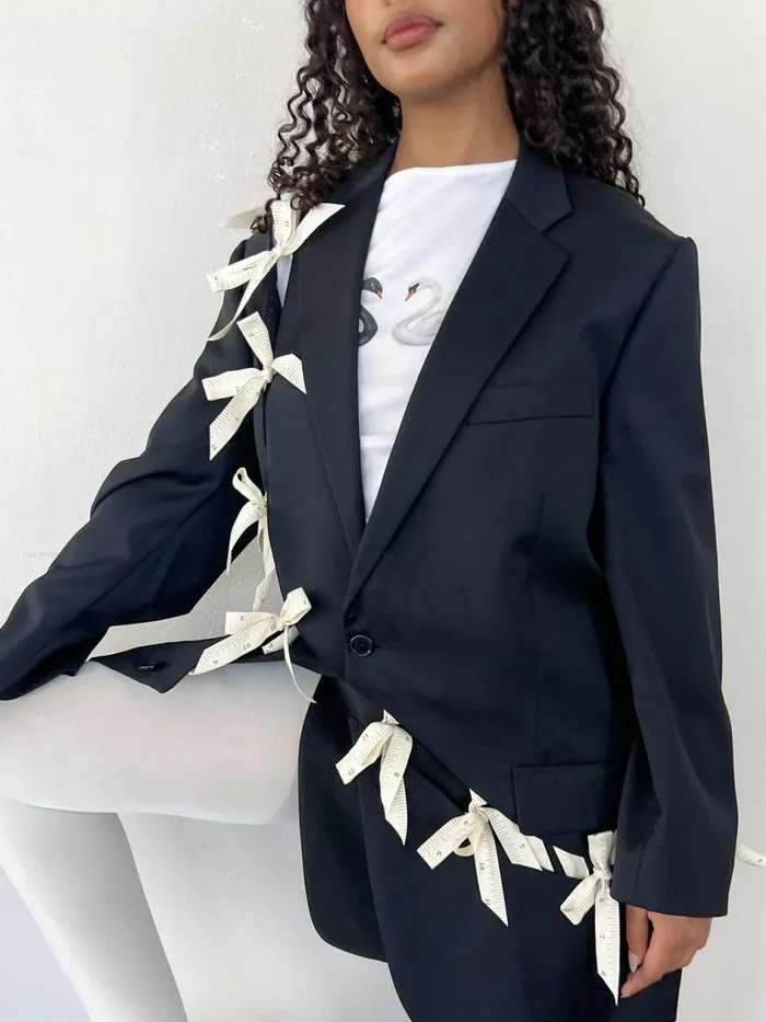 Women Diagonal CutOut Blazer Black Measuring Tape Lisa Says Gah Jackets Outerwear