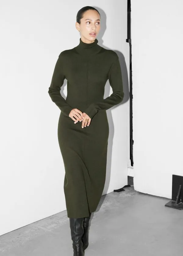 Women Dresses and Other Stories Knitted RollNeck Midi Dress Dark Green