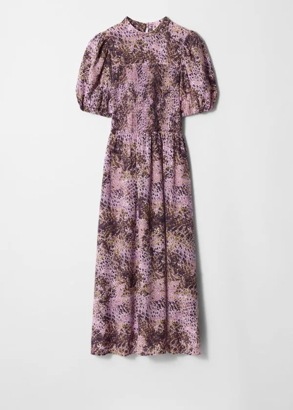 Women Dresses and Other Stories Smocked PuffSleeve Midi Dress Purple Print