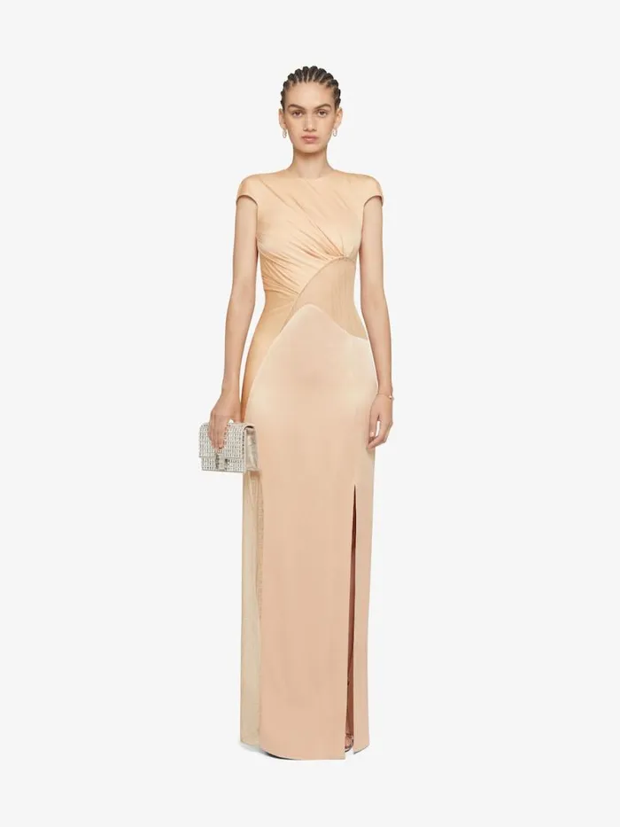 Women Dresses Givenchy Evening Satin Dress And 4G Lace Tan