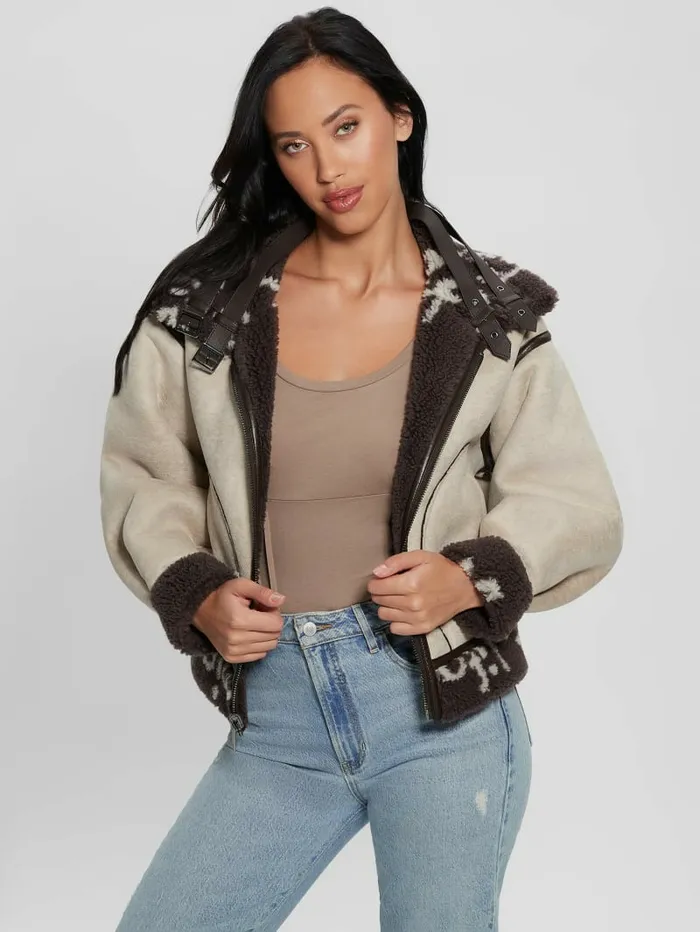 Women Eco Raquel Reversible Biker Jacket Brown And Cream Logo Jackets and Coats GUESS Women Eco Raquel Reversible Biker Jacket Brown And Cream Logo Jackets and Coats GUESS