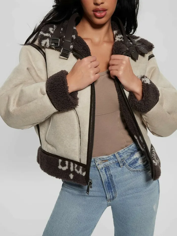 Women Eco Raquel Reversible Biker Jacket Brown And Cream Logo Jackets and Coats GUESS Women Eco Raquel Reversible Biker Jacket Brown And Cream Logo Jackets and Coats GUESS