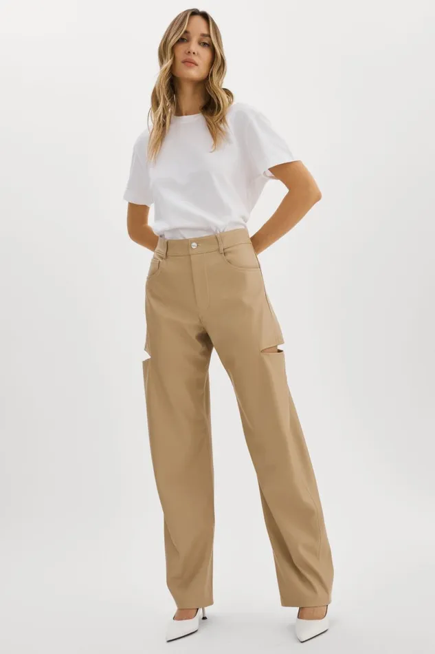 Women FALEEN Faux Leather Loose Pants Wheat LAMARQUE Pants and Shorts