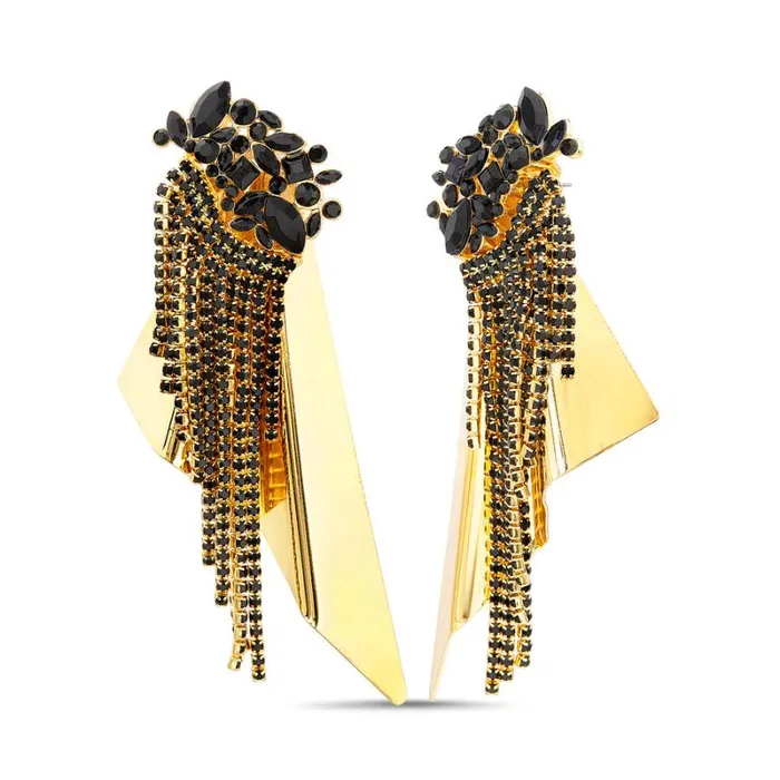 Women Fashion Jewelry Badgley Mischka Black And Gold Rhinestone Draped Statement Earring