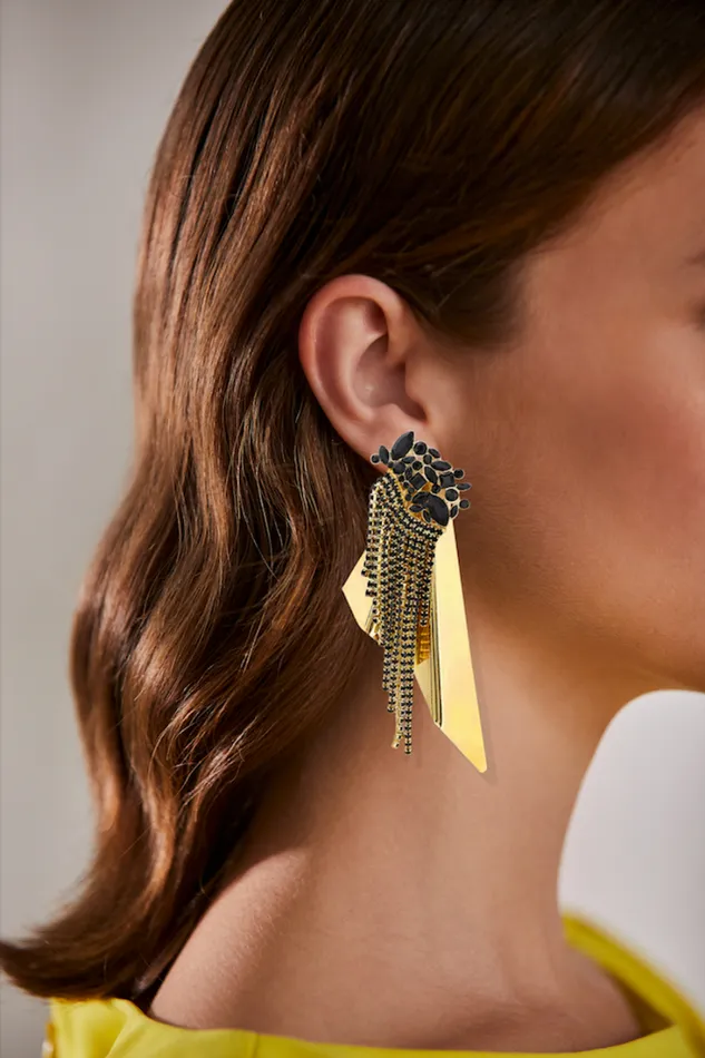 Women Fashion Jewelry Badgley Mischka Black And Gold Rhinestone Draped Statement Earring