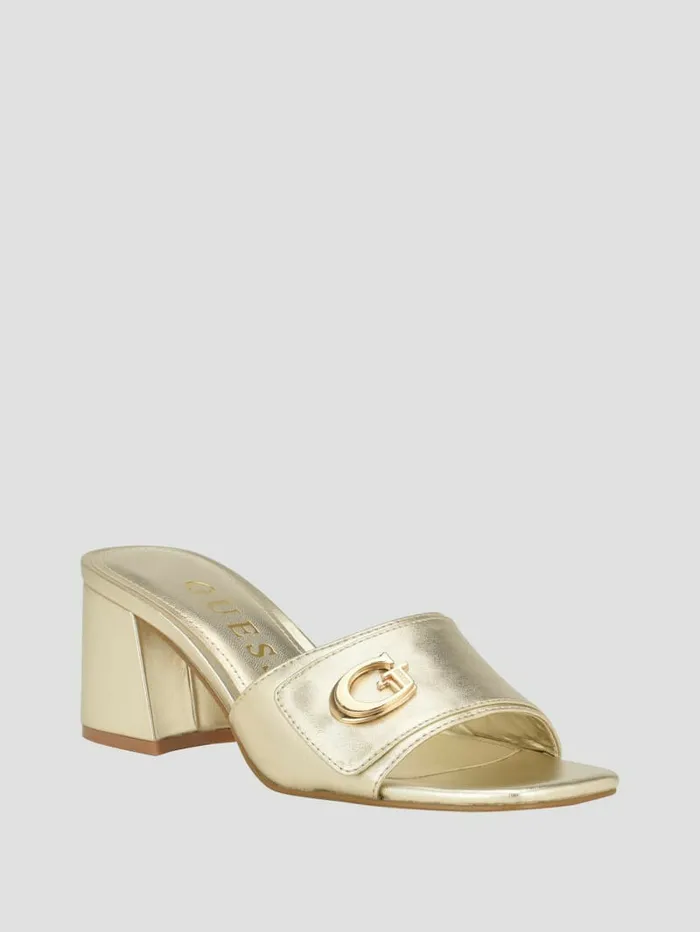 Women Gallai Block Heel Mules Gold Sandals GUESS