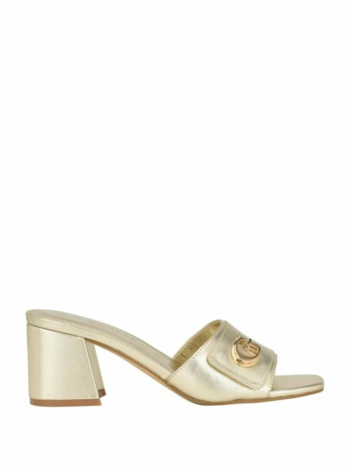 Women Gallai Block Heel Mules Gold Sandals GUESS Women Gallai Block Heel Mules Gold Sandals GUESS
