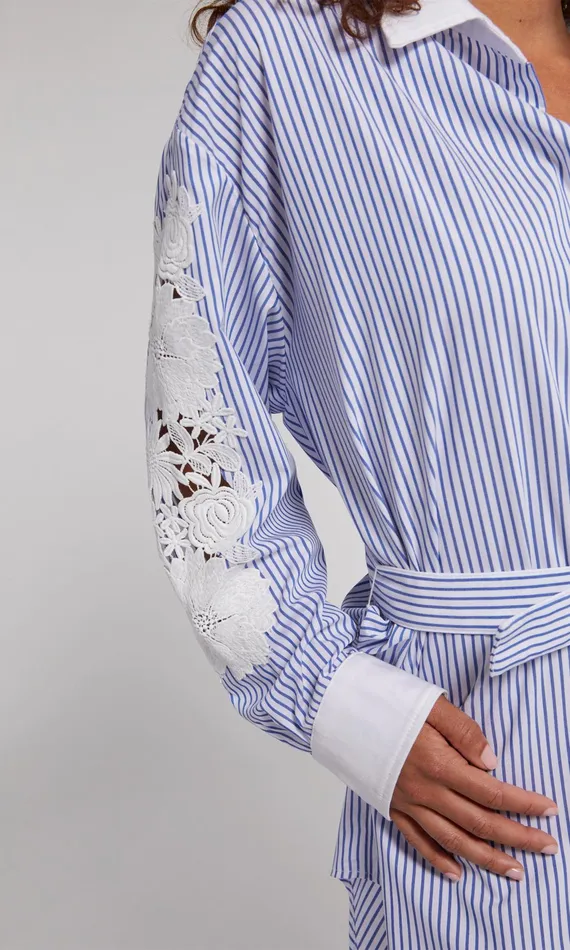 Women Generation Love Clothing Dresses Mabel Lace Combo Pinstripe Dress Bluewhite