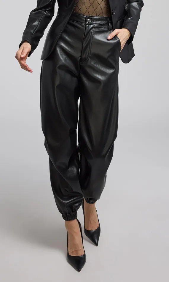 Women Generation Love Clothing Pants Harden Vegan Leather Jogger Black