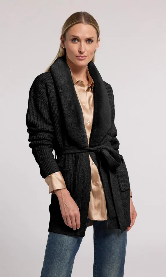Women Generation Love Clothing Sweaters and Sweatshirts Patty Fur Combo Cardigan Black